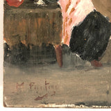 Impressionistic Small Painting of Woman Sewing with Pot of Flowers