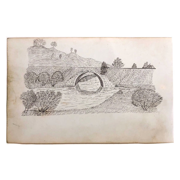 1873 Ink Drawing of Bridge Over River in Tree Dotted Landscape