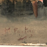 Impressionistic Small Painting of Woman Sewing with Pot of Flowers