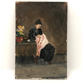 Impressionistic Small Painting of Woman Sewing with Pot of Flowers