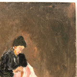 Impressionistic Small Painting of Woman Sewing with Pot of Flowers