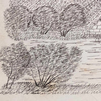 1873 Ink Drawing of Bridge Over River in Tree Dotted Landscape
