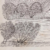 1873 Ink Drawing of Bridge Over River in Tree Dotted Landscape