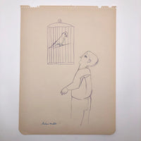 Helen Malta Boy with Caged Bird Color Pencil Drawing, 1930s