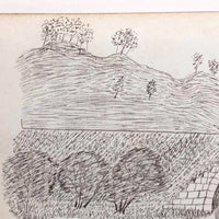 1873 Ink Drawing of Bridge Over River in Tree Dotted Landscape