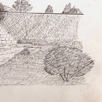 1873 Ink Drawing of Bridge Over River in Tree Dotted Landscape