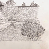 1873 Ink Drawing of Bridge Over River in Tree Dotted Landscape