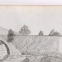 1873 Ink Drawing of Bridge Over River in Tree Dotted Landscape