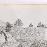 1873 Ink Drawing of Bridge Over River in Tree Dotted Landscape