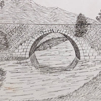 1873 Ink Drawing of Bridge Over River in Tree Dotted Landscape