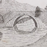 1873 Ink Drawing of Bridge Over River in Tree Dotted Landscape