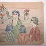 Helen Malta, Women and Potted Plants, Color Pencil Drawing, 1930s