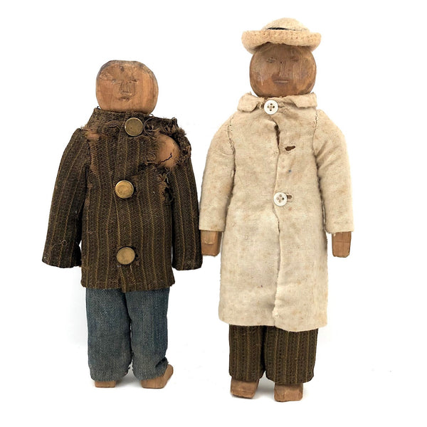 Incredibly Tender Carved Wooden Doll Couple in Hand-sewn Outfits