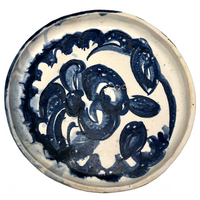 Slab-Formed Cream and Blue Glazed Signed Pottery Platter or Tray