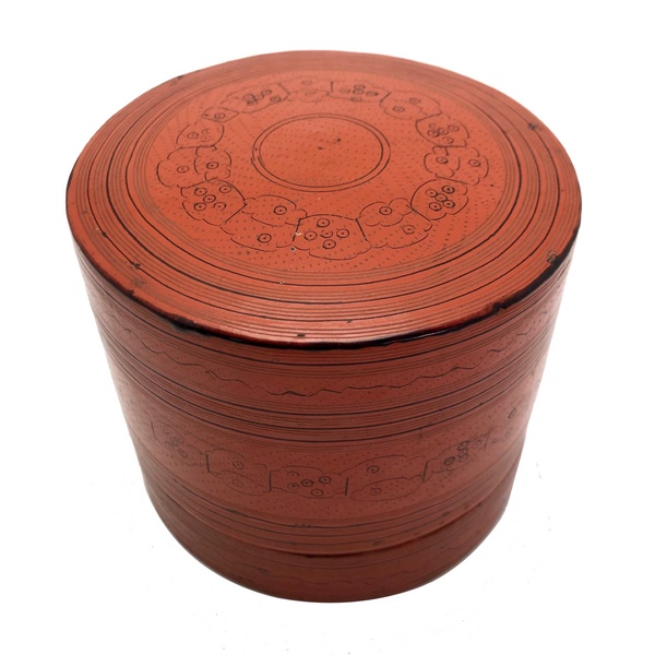 Burmese Cinnabar Lacquer Betel Box with Two Interior Trays
