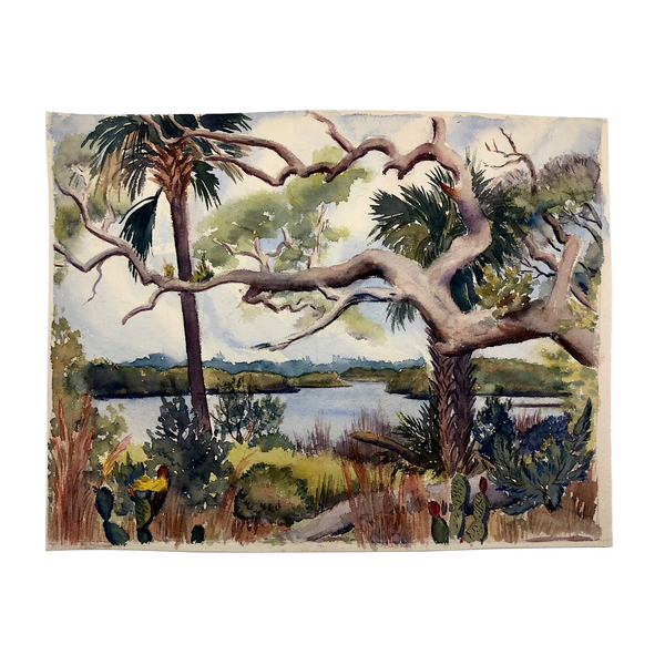 Mid-Century Watercolor Marsh Landscape with Palms and Cactii, Unsigned