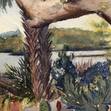 Mid-Century Watercolor Marsh Landscape with Palms and Cactii, Unsigned