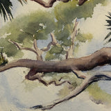 Mid-Century Watercolor Marsh Landscape with Palms and Cactii, Unsigned