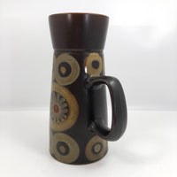 Mid-Century Dark Brown Ceramic Pitcher with Hand-Painted Circles and Suns