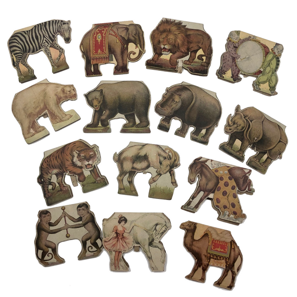 Antique Swiss Boxed Set of Double-Sided Color Litho Standup Animals