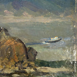 Chaloi Leonty Small Oil on Cardboard Seascape with Rock Formation, 1965