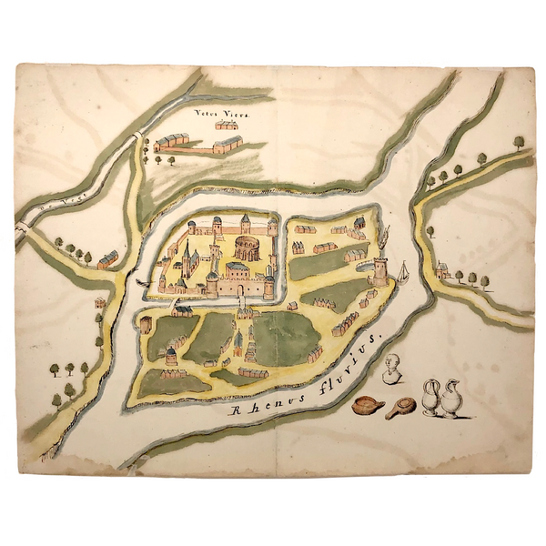Antique Ink and Watercolor Hand-drawn Dutch Manuscript Map of Early Utrecht