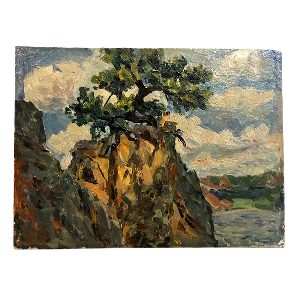 Chaloi Leonty Small Oil on Cardboard Landscape with Tree in Rock, 1965