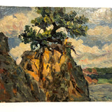 Chaloi Leonty Small Oil on Cardboard Landscape with Tree in Rock, 1965