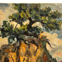 Chaloi Leonty Small Oil on Cardboard Landscape with Tree in Rock, 1965
