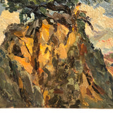 Chaloi Leonty Small Oil on Cardboard Landscape with Tree in Rock, 1965
