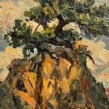 Chaloi Leonty Small Oil on Cardboard Landscape with Tree in Rock, 1965