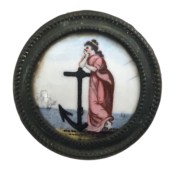 Antique Battersea Enamel Medallion Featuring Woman with Anchor (Hope)
