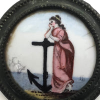 Antique Battersea Enamel Medallion Featuring Woman with Anchor (Hope)