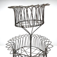 19th Century American Two-Tiered Wirework Basket on Scrolled Feet