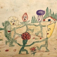 Dancing Flowers (and Cucumber?) with Mustached Mushroom Watercolor Postcard