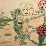 Dancing Flowers (and Cucumber?) with Mustached Mushroom Watercolor Postcard
