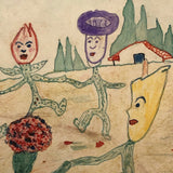 Dancing Flowers (and Cucumber?) with Mustached Mushroom Watercolor Postcard