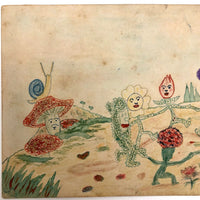 Dancing Flowers (and Cucumber?) with Mustached Mushroom Watercolor Postcard