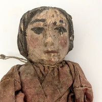 Antique Carved and Painted Primitive Wooden Doll in Pink Dress