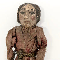 Antique Carved and Painted Primitive Wooden Doll in Pink Dress