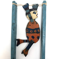 Old Handmade Wooden Acrobat Squeeze Toy, Orange and Blue