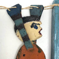 Old Handmade Wooden Acrobat Squeeze Toy, Orange and Blue