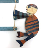 Old Handmade Wooden Acrobat Squeeze Toy, Orange and Blue