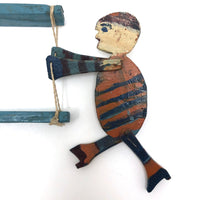 Old Handmade Wooden Acrobat Squeeze Toy, Orange and Blue