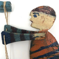 Old Handmade Wooden Acrobat Squeeze Toy, Orange and Blue