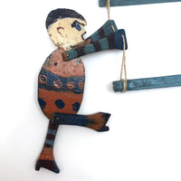 Old Handmade Wooden Acrobat Squeeze Toy, Orange and Blue