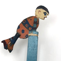 Old Handmade Wooden Acrobat Squeeze Toy, Orange and Blue