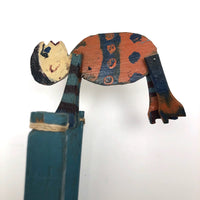 Old Handmade Wooden Acrobat Squeeze Toy, Orange and Blue