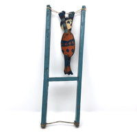 Old Handmade Wooden Acrobat Squeeze Toy, Orange and Blue