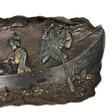 Finely Detailed Antique Japanese Mixed Metal Tray - Tea while Fishing